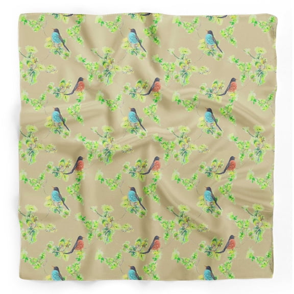 Bimba Beige Floral & American Robin Watercolor Pure Silk Printed Scarf Dupatta Head Neck Wrap Bandanas For Women 40 x 40 Inches