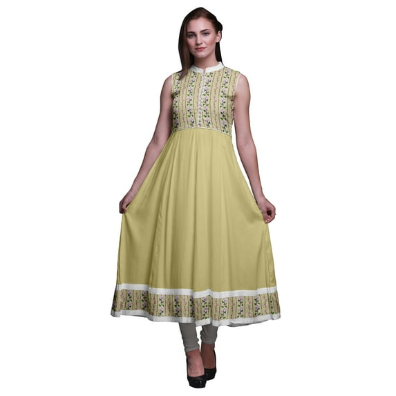 Bimba Beige Floral Indian Long Kurti For Women Party Wear Printed Sleeveless Anarkali Kurti Dress X-Small