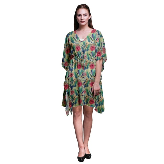Bimba Beige Floral Leopard,Tropical Leaves & Short Caftan Midi Dress Beach Swimwear Cover up Womens Kaftan-4X-5X