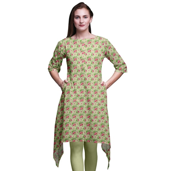 Bimba Beige Monstera Leaf & Floral Asymmetric Kurta Indian Tunic Tops For Women Printed Indian Clothing XSmall