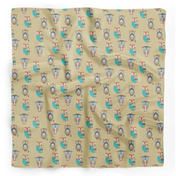 Bimba Beige Owl Tribal Printed Pure Silk Scarf Neck Wrap Summer Hair Bandanas For Women 40 x 40 Inches
