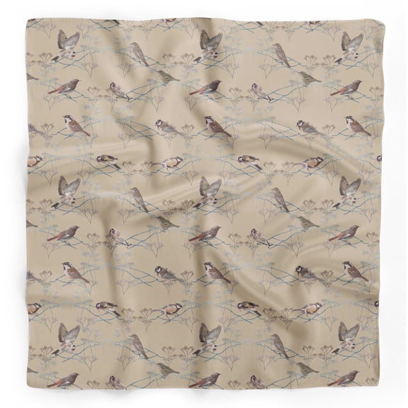 Bimba Beige Sparrow & American Goldfinch Bird Printed Pure Silk Scarf Neck Wrap Summer Hair Bandanas For Women 40 x 40 Inches