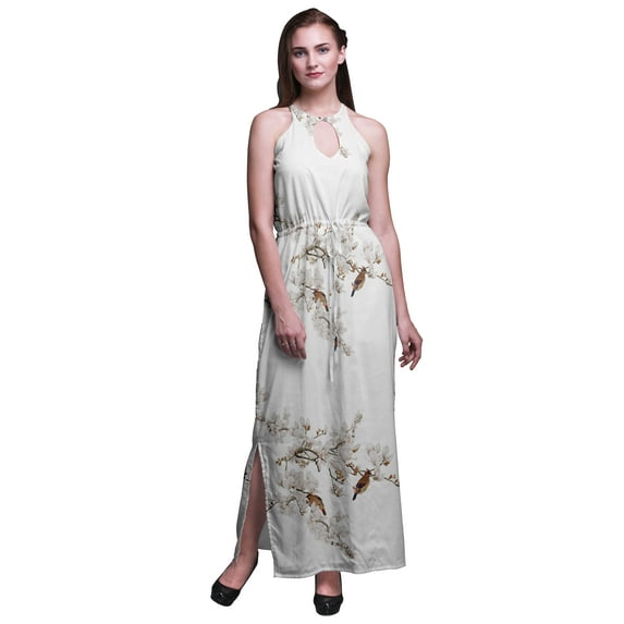 Bimba Bird Ladies Crew Neck Waist String Print Maxi Dress with Side Slits Summer Wear-XX-Large
