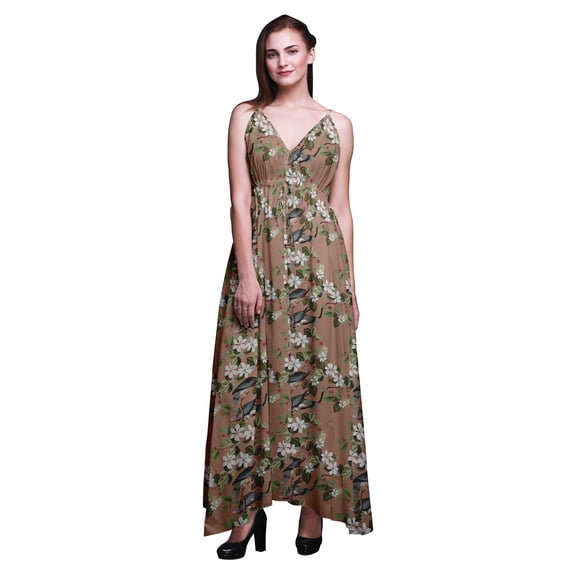 Bimba Bird Ladies Long Floral Print Dress Spaghetti Strap V Neck Maxi Beach Wear-Medium