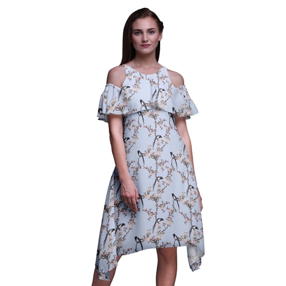 Bimba Bird Print Cold Shoulder Women Swing Tunic Flutter Sleeve Midi Dress-XXX-Large