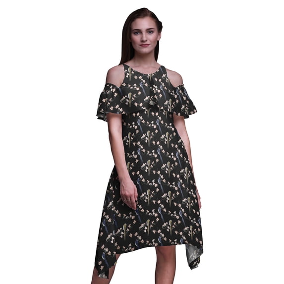 Bimba Bird Print Flutter Sleeve Women’s Party Tunic Cold Shoulder Midi Dress-Large