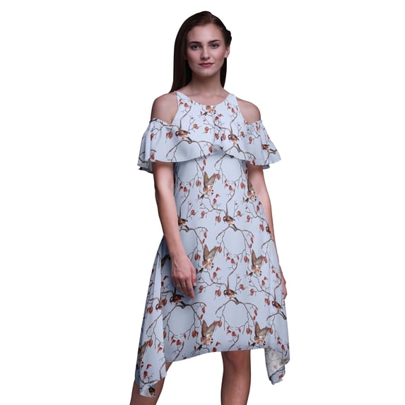 Bimba Bird Print Flutter Sleeve Women’s Party Tunic Cold Shoulder Midi Dress-Large