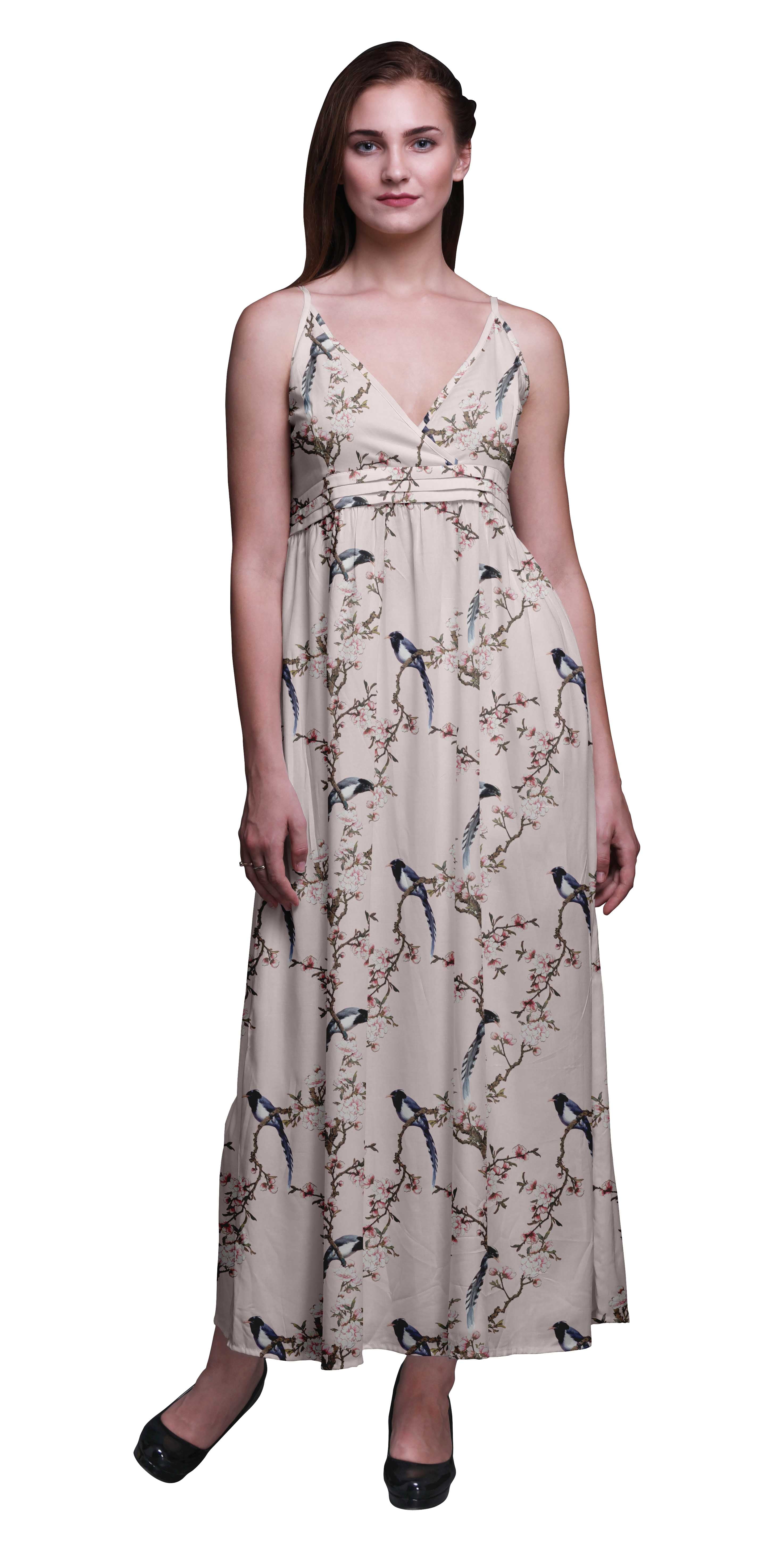 100% Cotton Maxi Dress Bimba Bird Printed Women Long Maxi Beach Dress Strappy Summer Resort Cover Up