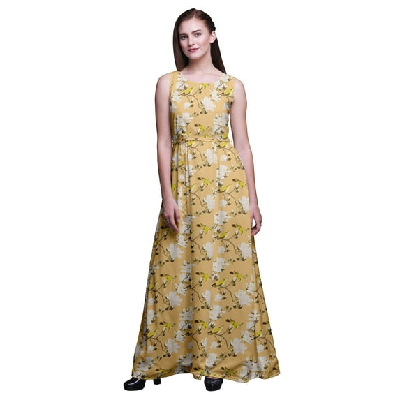 Bimba Bird Printed Women Sleeveless Gown Chic Style Long Maxi Dress-X-Small