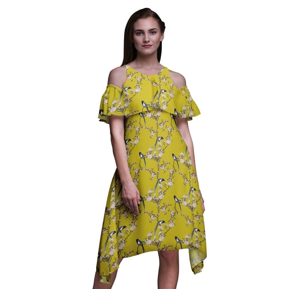 Bimba Bird Printed Women’s Cold Shoulder Tunic Party Round Neck Shift Dress-XX-Large