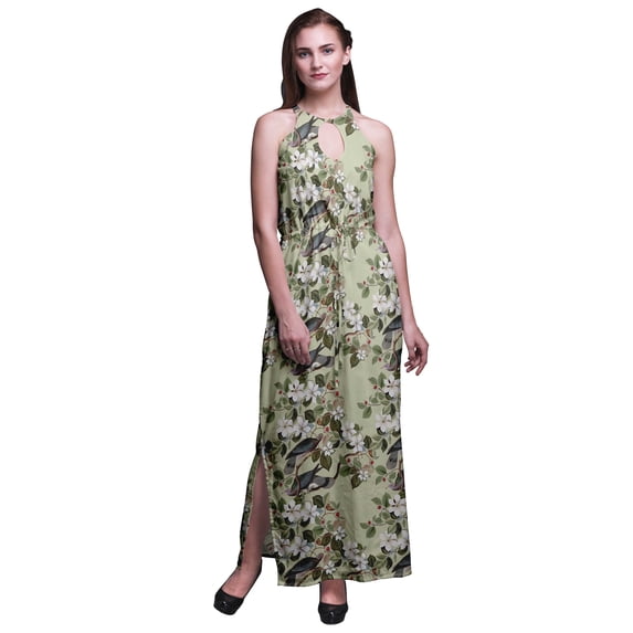Bimba Bird Women Sleeveless Crew Neck Halter Gown With Side Slits Maxi Dress-Large