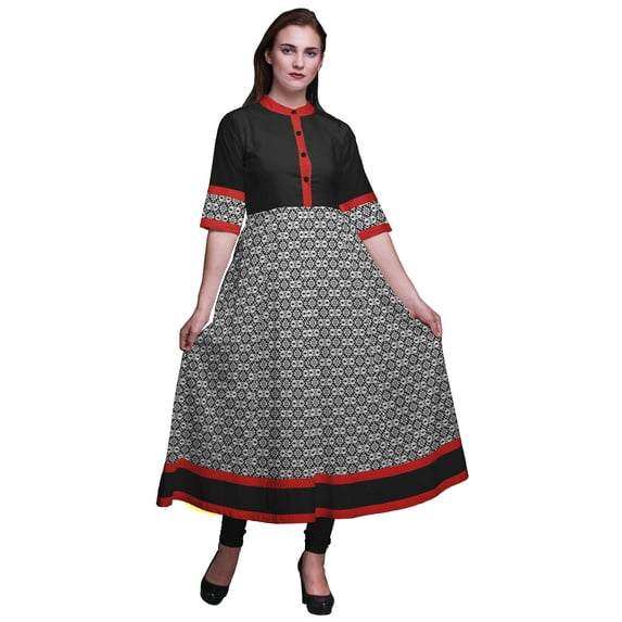 Bimba Black Aztec Ikat Printed Anarkali For Women A Line Indian Kurti Classic Tunic Ethnic Kurti-XSmall