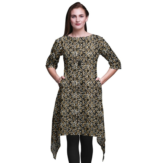 Bimba Black Blocks Block Women Kurtas Ethnic Printed Asymmetric Summer Wear Tops For Women Large