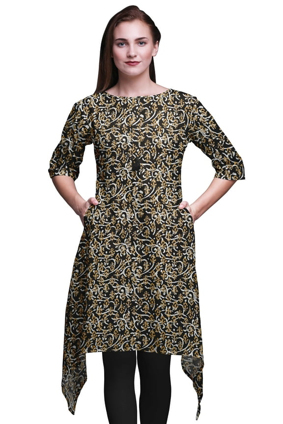 Black Blocks Block Women Kurtas Ethnic Printed Asymmetric Summer Wear Tops For Women Large