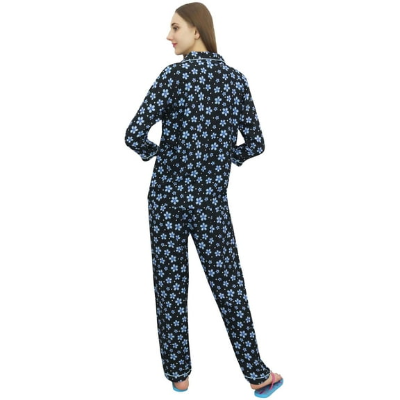 Bimba Black Button-Down Shirt Elastic Waist Pajama Pants 2 Pcs Night Wear Set-8