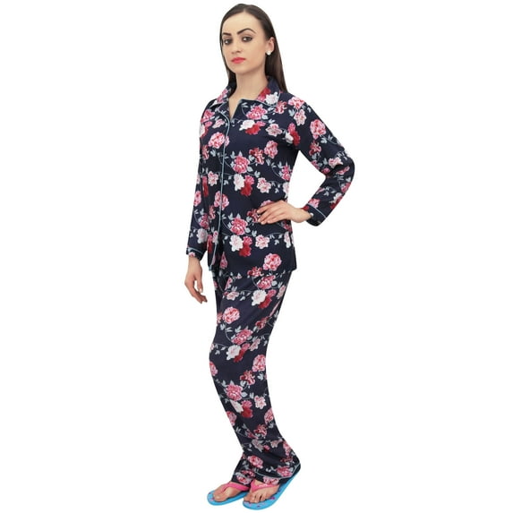 Bimba Black Button-Down Shirt With Elastic Waist Pajama Pant Night Wear-22