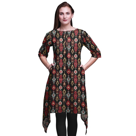 Bimba Black Damask Ikat Asymmetric Kurta Indian Tunic Tops For Women Printed Indian Clothing Medium