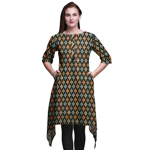 Bimba Black Diamond Ikat Printed Tops For Women Asymmetric Kurti Summer Dress For Girls Small