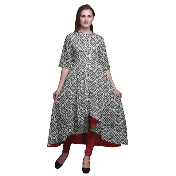 Bimba Black Ethnic Ikat Printed Indian Kurtis For Women Party Wear Long Anarkali Kurta Indian Kurti-Large