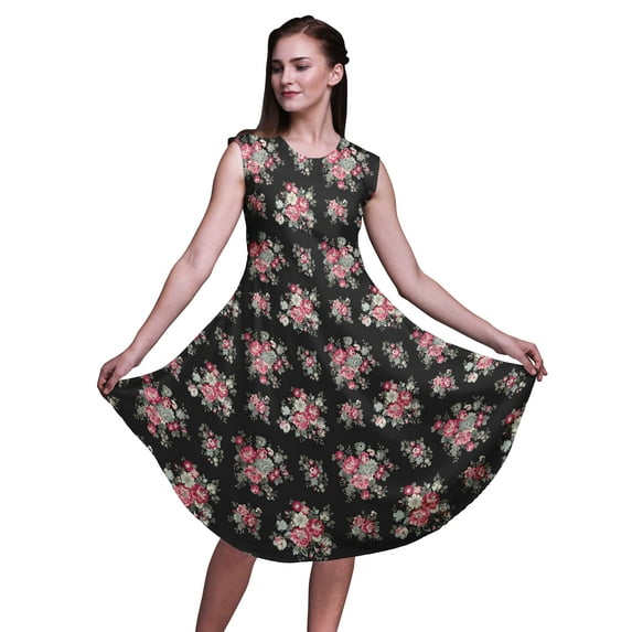 Bimba Black Leaves & Begonia Floral Women Casual Sleeveless Floral Print Summer Swing Midi Dress-Small