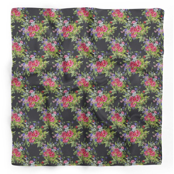 Bimba Black Leaves & Peony Floral Pure Silk Printed Head Bandanas Summer Neck Wrap Scarf 40 x 40 Inches