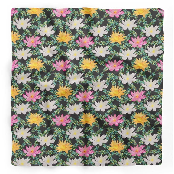 Bimba Black Leaves & Water Lily Floral Printed Pure Silk Scarf Neck Wrap Summer Hair Bandanas For Women 40 x 40 Inches