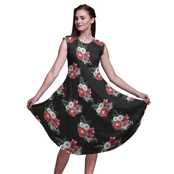 Bimba Black Peony & Anemone Floral Women Knee Length Sleeveless Casual Summer Sun Tank Dress-Medium