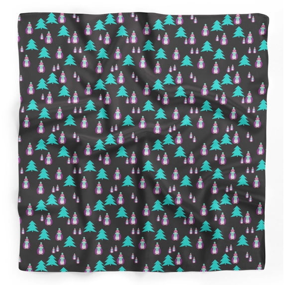 Bimba Black Snowman & Tree Christmas Printed Pure Silk Scarf Neck Wrap Summer Hair Bandanas For Women 40 x 40 Inches