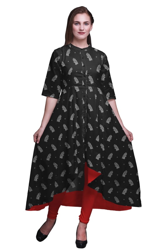 Black Spiral & Paisley Block Printed Anarkali Dress For Women Mandarin Collar Indian Kurtis Asymmetrical Kurta-Large