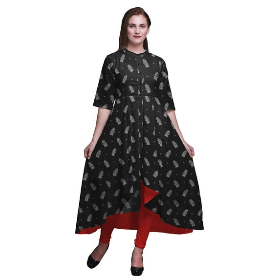 Bimba Black Spiral & Paisley Block Printed Anarkali Dress For Women Mandarin Collar Indian Kurtis Asymmetrical Kurta-Large