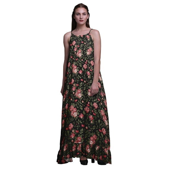 Bimba Black2 Floral Leaves & Begonia Printed Long Maxi Dress For Women Rayon Nightgown Spaghetti Strap Ladies Sleepwear XXX-Large