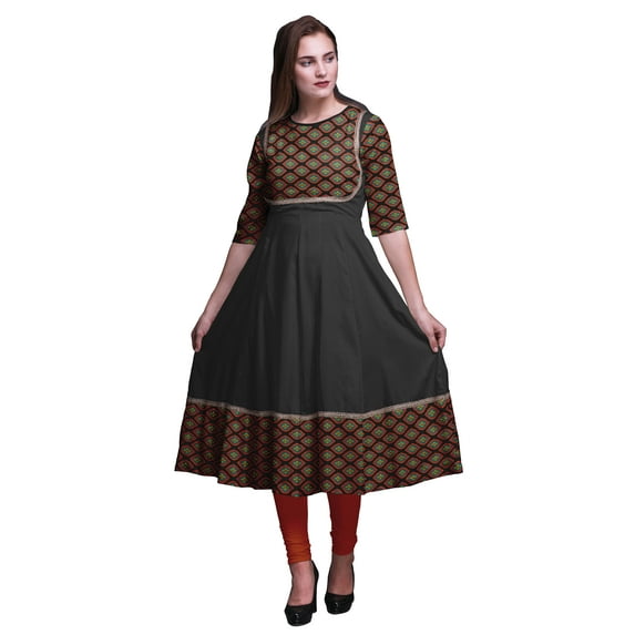 Bimba Black3 Ikat Geometric Printed Indian Kurtis For Women Anarkali Kurti Maxi Casual Dress XXX-Large