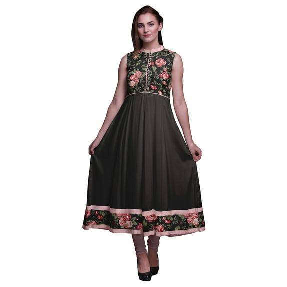 Bimba Black4 Floral Printed Women Designer Mandarin Collar Anarkali Dress Indian Ethnic Kurta X-Large