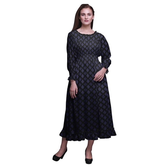 Bimba Block Women Cotton Smocked Boho Renaissance Long Ruffle MaxiÂ Dress-Large