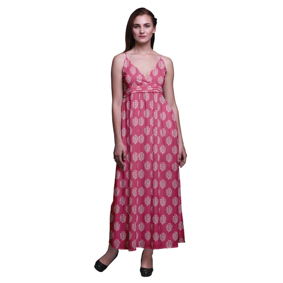 Bimba Block Women Summer Printed V Neck Long Maxi Dress Holiday Resort Wear-Medium