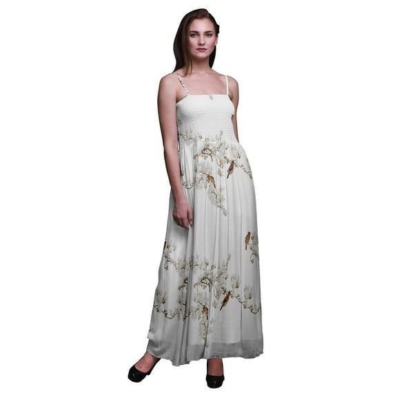 Bimba Blossom & Bulbul Bird Printed Women Flowy Smocked Spaghetti Strap Dress-Small