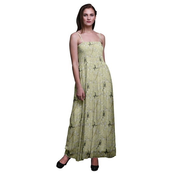 Bimba Blossom & Goldfinch Bird Print Summer Holiday Maxi Tube Smocked Dress-Medium