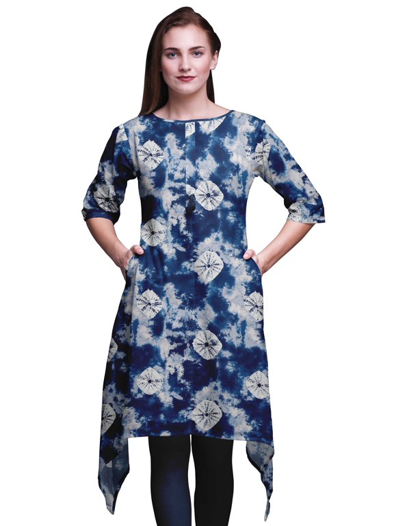 Blue Bandhani Tie-Dye Women Kurtas Ethnic Printed Asymmetric Summer Wear Tops For Women Medium