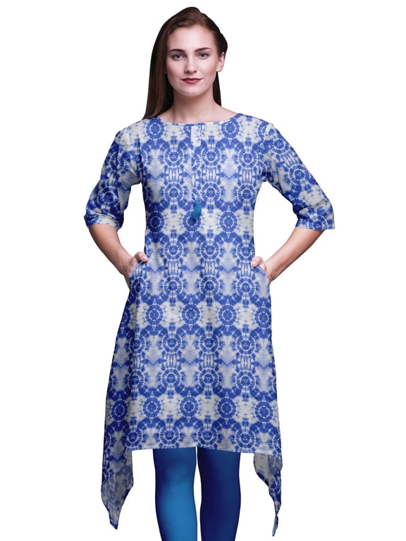 Blue Bandhani Tie-Dye Women Kurtas Ethnic Printed Asymmetric Summer Wear Tops For Women Medium