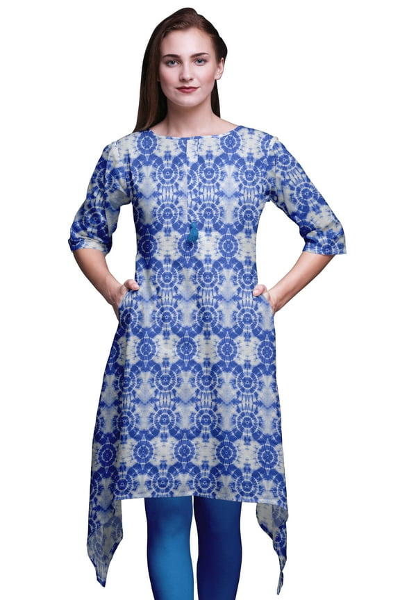 Blue Bandhani Tie-Dye Women Kurtas Ethnic Printed Asymmetric Summer Wear Tops For Women Medium