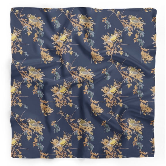 Bimba Blue Black Berry & Yellow Sparrow Bird Pure Silk Printed Head Bandanas Summer Neck Wrap Scarf 40 x 80 Inches