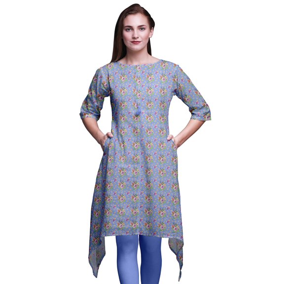Bimba Blue Blooming Camellias & Rose Floral Asymmetric Kurta Indian Tunic Tops For Women Printed Indian Clothing XX-Large