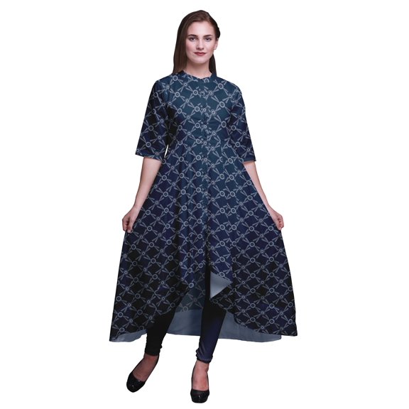 Bimba Blue Dots & Circle Geometric Printed Anarkali Dress For Women Mandarin Collar Indian Kurtis For Women Party Wear-Large