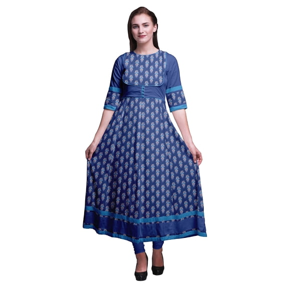 Bimba Blue Floral Block Indian Kurtas For Women Long Anarkali Kurta Chic Style Tunic Ethnic Kurti-Small