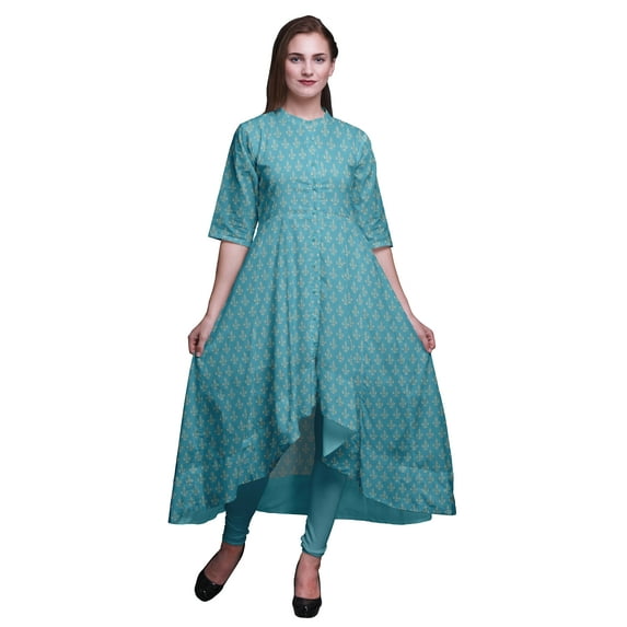 Bimba Blue Floral Block Printed Anarkali Dress For Women Mandarin Collar Indian Kurtis For Women Party Wear-XXX-Large