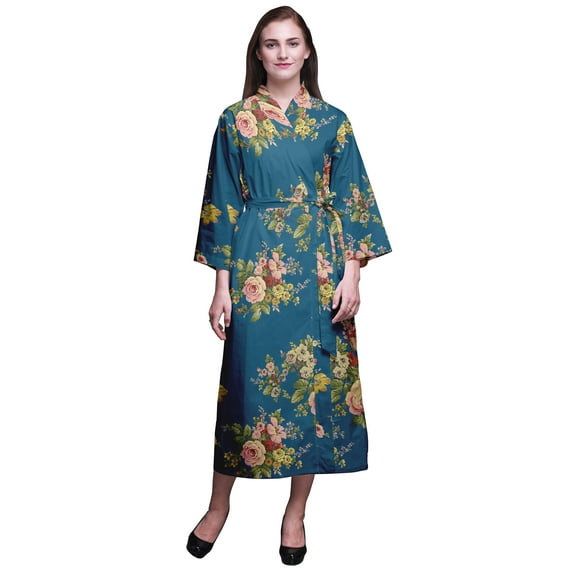 Bimba Blue Floral Rose Cotton Robe Women Long Bridesmaid Getting Ready Shirt Dresses Printed Kimono Robe Cotton X