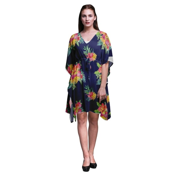 Bimba Blue Floral Tropical Leaves & Short Caftan Midi Dress Beach Swimwear Cover up Womens Kaftan-S-L