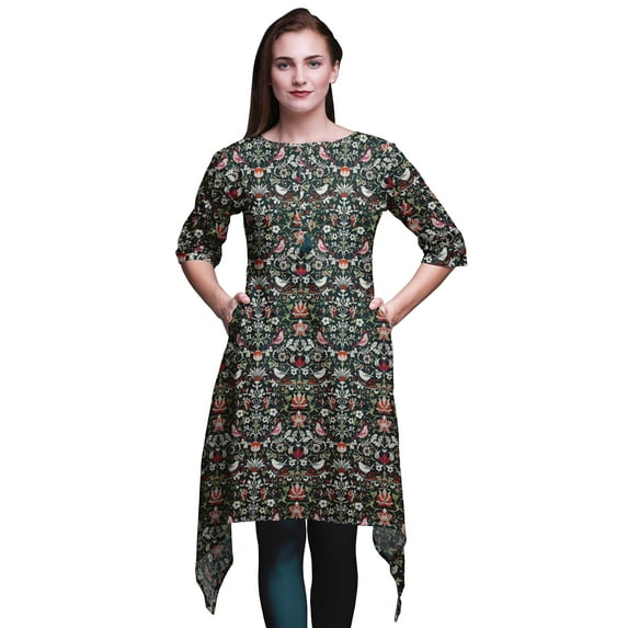 Bimba Blue Folk Art Bird & Floral Printed Tops For Women Asymmetric Kurti Summer Dress For Girls Small