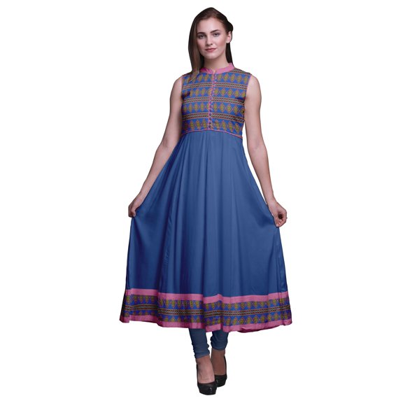 Bimba Blue Geometric Printed Women Designer Mandarin Collar Anarkali Dress Indian Ethnic Kurta X-Large