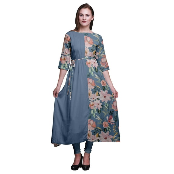 Bimba Blue Leaves & Magnolia Floral Print Ladies Anarkali Kurti Tunic Designer Long Kurta Indian Blouse X-Large